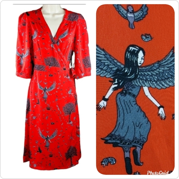 Anami & Janine Dresses & Skirts - Anami & Janine Red 'Beautiful Girl With Wings' Printed Wrap Dress Size M